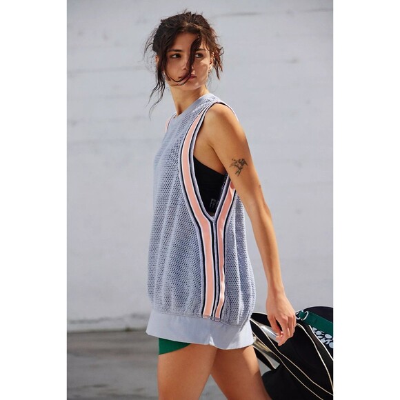Free People FP Movement Coquette Tank Top Knit Mesh Striped Oversized L 284423 - Picture 4 of 11